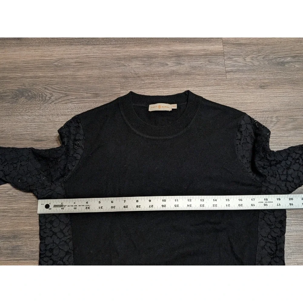 Tory Burch Merino Wool Lace Sleeve Crew Neck Knit Sweater Womens Medium Pullover